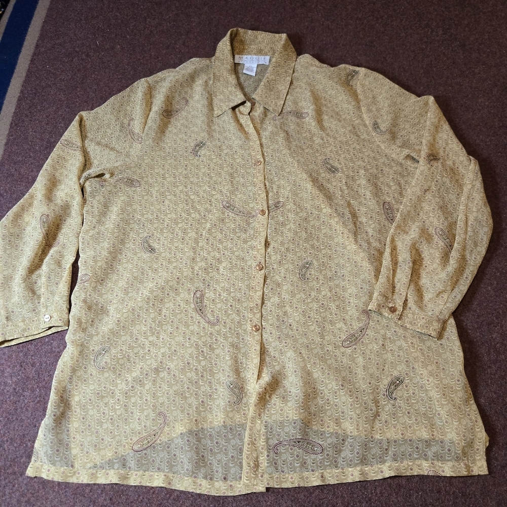 Maggie McNaughton Sheer Blouse Paisley Tan And Burgundy Size 2X